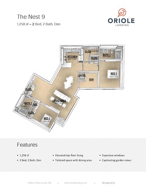 Floor plan for 2 beds, 2 baths, 1258 sqft